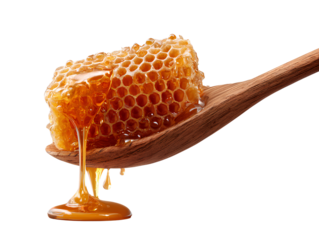 Cut Honeycomb Section on Wooden Spoon with Honey Trails, Angled Side View, Isolated on Transparent Background
