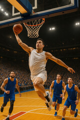 Fototapeta premium Dynamic basketball dunk during intense game moment