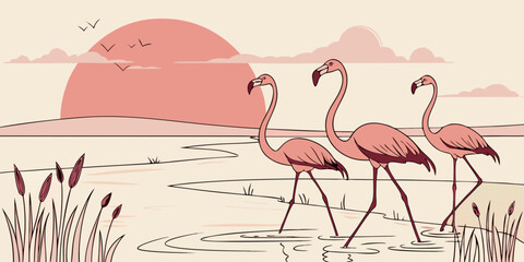 Naklejka premium A flock of flamingos standing gracefully in shallow water, soft pastel sunset reflecting on the lake, vivid pink feathers contrasting with the serene background.