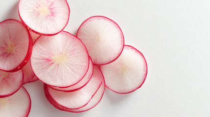 Thin radish slices arranged with geometric spacing on white, delicate pink edges and clean shadow play.