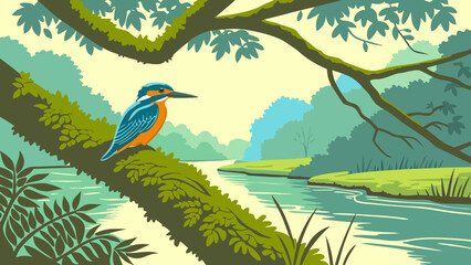 A vibrant kingfisher perched on a moss-covered branch above a clear river, its bright blue and orange feathers shimmering in the sunlight, reflection visible in the water, serene and colorful scene.