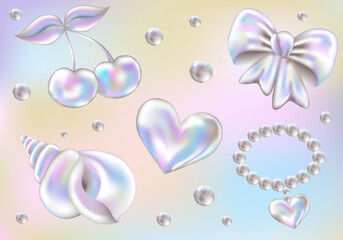 3d Chrome sticker set in Y2K style. Three-dimensional Pearl, SeaShells, Bow, Cherry, Pearl necklace and Heart. Holographic retro icons, realistic vector illustration on gradient background.