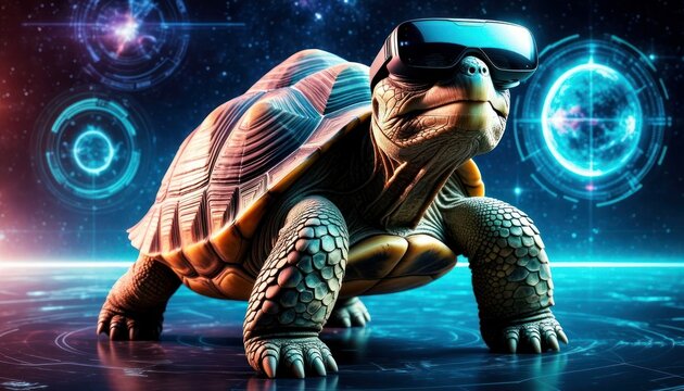 A futuristic turtle wearing virtual reality goggles stands on a glowing surface. The background features abstract digital elements and vibrant colors.