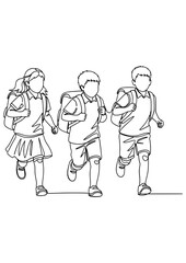 Naklejka premium Three children, two boys and a girl, happily running together with backpacks.