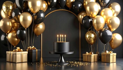Celebrating with Cake, Balloons, and Gifts in Gold and Black Theme