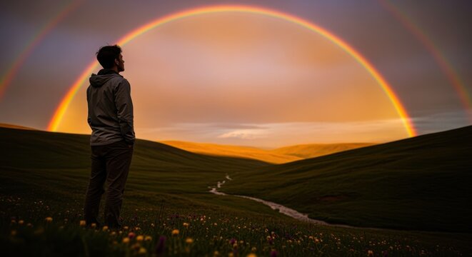 A person standing in a vibrant landscape gazing thoughtfully at a distant rainbow on the horizon symbolizing hope aspirations and the pursuit of seemingly unattainable dreams.
