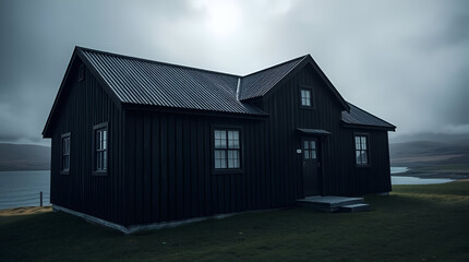 Obraz premium Black house on grassy hill Modern black house twilight view, landscape lighting, driveway,