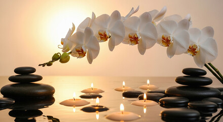 Still life with white orchid flowers, stacked stones, and floating candles on a reflective surface
