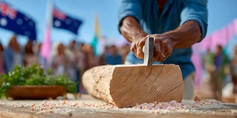 Close-up of male woodworker carving log outdoors with flags in background