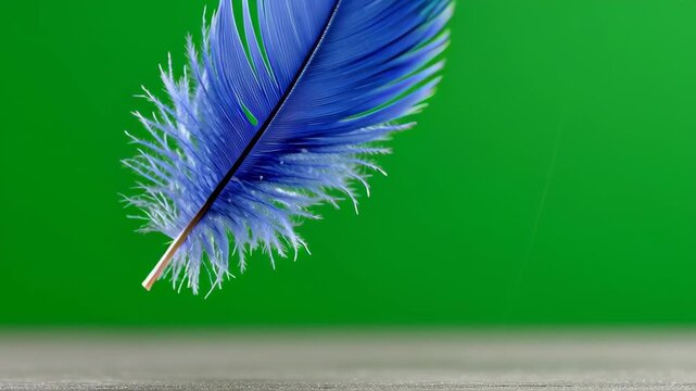 Vibrant blue feather gracefully floating above a textured surface, showcasing intricate details and delicate fibers, set against a vivid green background, emphasizing natural beauty and elegance