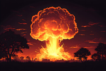Vector representation of a colossal nuclear missile detonation emitting a vast radioactive mushroom cloud, evoking fear of nuclear apocalypse, wartime devastation, and hazardous rads in the atmosphere