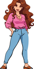 Animated character, wavy brown hair, pink shirt, light blue jeans, brown shoes, casual pose, stylish outfit, hand on hip, relaxed stance, fashion