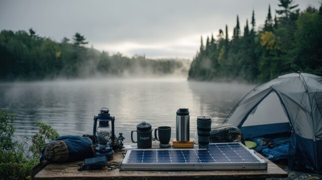 Medium shot of a solarpowered camping setup with ecofriendly gear in focus while a misty lake and dense woods remain out of focus highlighting green adventure travel. - Powered by Adobe