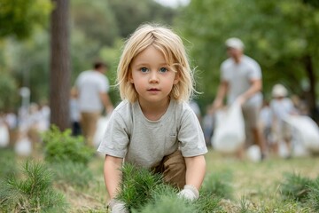 Blonde caucasian child participating in outdoor environmental cleanup event