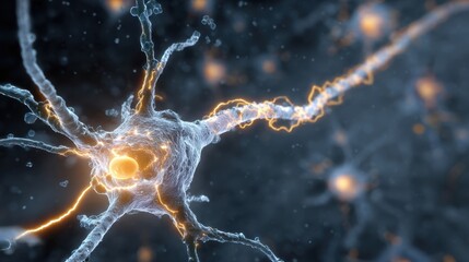 Obraz premium Artistic rendering of fluorescent electrical spark racing down nerve cell axon capturing rapid neural firing and information transfer.