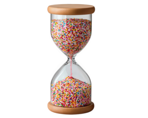 Colorful hourglass glass wood filled with vibrant candy sprinkles digital style pixelated sand flow playful creative isolated on transparency background