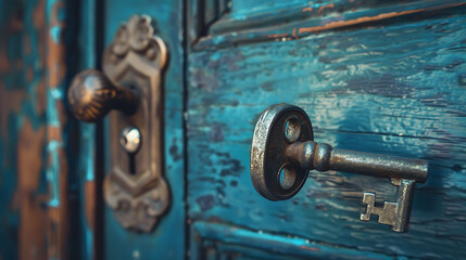 Close up of a key in a door with a warm, cozy interior in the background