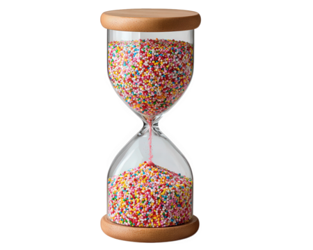 Colorful hourglass glass wood filled with vibrant candy sprinkles digital style pixelated sand flow playful creative isolated on transparency background