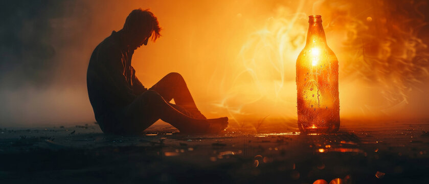 Man sitting on the shore with a bottle, creating an atmosphere of loneliness and reflection. Suitable for articles about traveling and personal reflections.