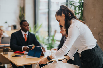 A group of people engaged in teamwork in a bright, modern office setting, with individuals focusing on various tasks at a collaborative workspace.