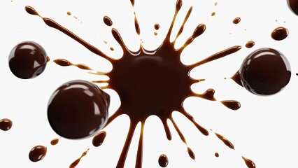 Rich chocolate splatter and droplets create a dynamic and enticing visual effect on a clean background