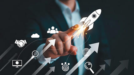 Businessman s finger touching a digital rocket launching upwards with business growth icons and upward trending arrows