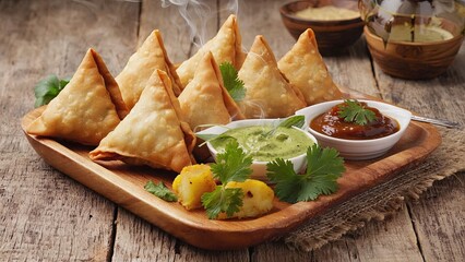 Delicious samosas served on a wooden platter with fresh chutneys and herbs