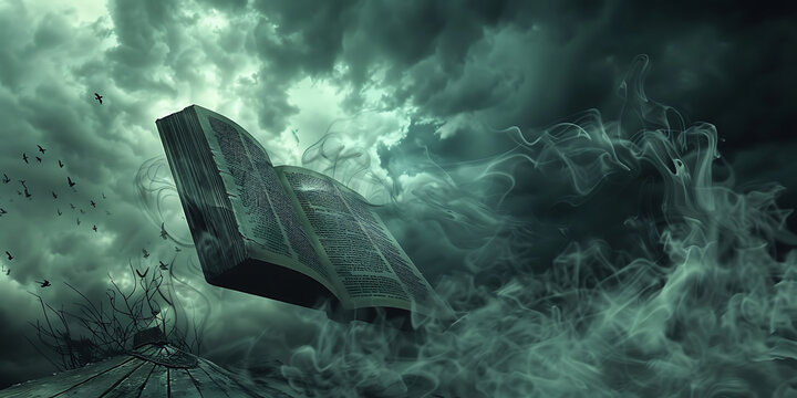 "Ancient Book Floating in Stormy Skies Surrounded by Swirling Mist"

