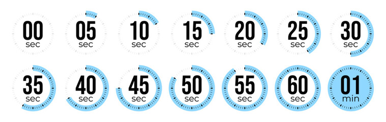 Second Timer, clock, stopwatch, Countdown timer, cooking time icon set. 0, 5, 10, 15, 20, 25, 30, 35, 40, 45, 50, 55, 60 second dial. Blue color isolated set, symbol. Vector illustration