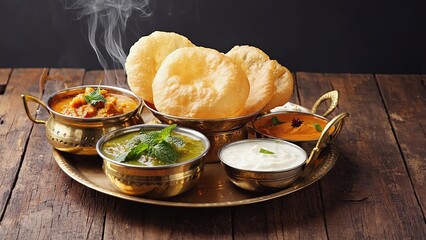 Traditional Indian thali featuring puri, curries, and yogurt served on a brass platter