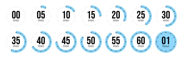 Minute Timer, clock, stopwatch, Countdown timer, cooking time icon set. 0, 5, 10, 15, 20, 25, 30, 35, 40, 45, 50, 55, 60 minute dial. Blue color isolated set, symbol. Vector illustration