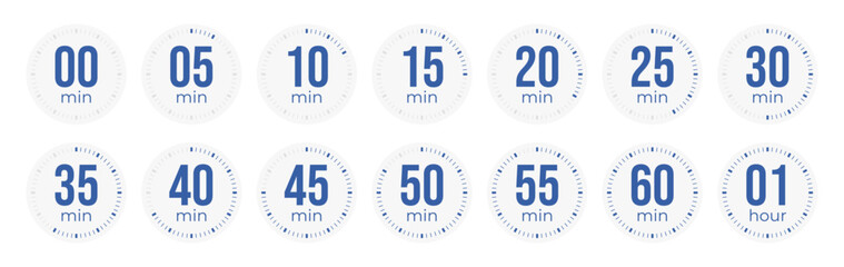Minute Timer, clock, stopwatch, Countdown timer, cooking time icon set. 0, 5, 10, 15, 20, 25, 30, 35, 40, 45, 50, 55, 60 minute dial. Blue colored isolated set, symbol. Vector illustration