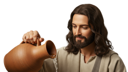 Jesus christ pouring water from a clay jug, concept of holy water, clean monday, and christianity, on transparent background.