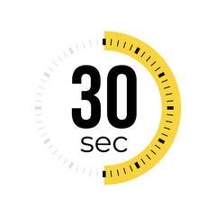 30 or thirty second timer, clock, stopwatch, time, countdown timer, cooking time icon. Yellow color dial representing time measurement, progress, deadline, chronometer, alarm, kitchen timer label.