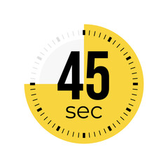 45 or forty five second timer, clock, stopwatch, time, countdown timer, cooking time icon. Yellow color dial representing time measurement, progress, deadline, chronometer, alarm, kitchen timer label.