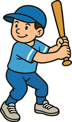 Cartoon baseball player, blue uniform, ready to swing, holding bat, sporty pose, athletic stance, cap, shoes, action, animated character