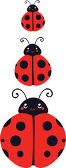 Obraz premium Vector logo cute cartoon ladybugs, red spotted insect trio, smiling bug characters, vertical size variation design