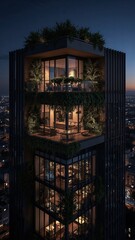 Modern luxury high rise apartment tower with greenery embracing urban living at night