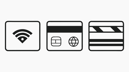 Wireless Payment Options:  Credit Card, Debit Card, and NFC Contactless Icons; Simple Black and White Line Art.