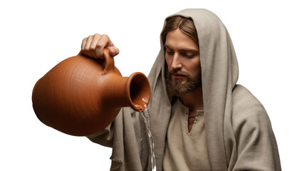 Jesus Christ pours water from a clay jug during Maundy Thursday, symbolizing living water and Christian purification on transparent background.