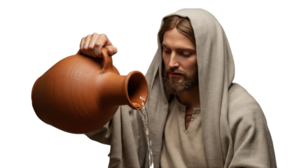 Jesus Christ pours water from a clay jug during Maundy Thursday, symbolizing living water and Christian purification on transparent background.