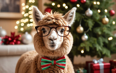 A Scholarly Alpaca's Cheerful Christmas Portrait with Bokeh Lights