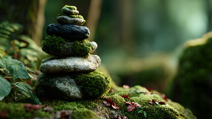 Zen stacked stones on nature background. Close up of Rock balance, zen stack stones, Stones stack on the nature background, Zen rocks for meditation