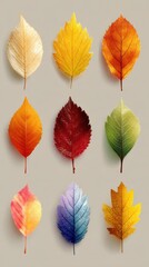 Obraz premium Colorful autumn leaves arranged in a grid showcasing varying shapes and hues on a beige background
