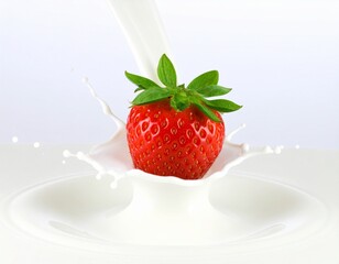 Strawberry, isolated on a white background, is dramatically splashed with flowing milk. The rich red fruit contrasts with the creamy liquid, creating a vivid, refreshing, and dynamic visual perfect fo