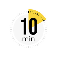 Ten minute timer, clock, stopwatch, time, countdown timer, cooking time icon. Yellow color dial representing time measurement, progress, deadline, chronometer, alarm, kitchen timer label.