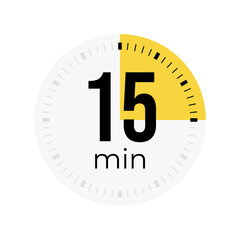 Fifteen minute timer, clock, stopwatch, time, countdown timer, cooking time icon. Yellow color dial representing time measurement, progress, deadline, chronometer, alarm, kitchen timer label.
