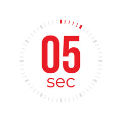 5 or five second timer, clock, stopwatch, time, countdown timer, cooking time icon. Red color dial representing time measurement, progress, deadline, chronometer, alarm, kitchen timer label.