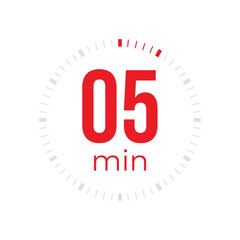 Five minute timer, clock, stopwatch, time, countdown timer, cooking time icon. Red color dial representing time measurement, progress, deadline, chronometer, alarm, kitchen timer label.