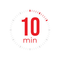Ten minute timer, clock, stopwatch, time, countdown timer, cooking time icon. Red color dial representing time measurement, progress, deadline, chronometer, alarm, kitchen timer label.